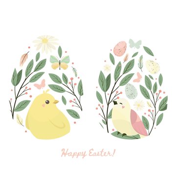 Happy easter design element. Egg with chick and flower, leaves, butterfly. Vector set