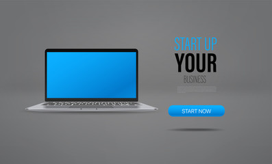 Start up your business promo landing page template with laptop and sample text. Mockup for presentation, websites, applications and landings