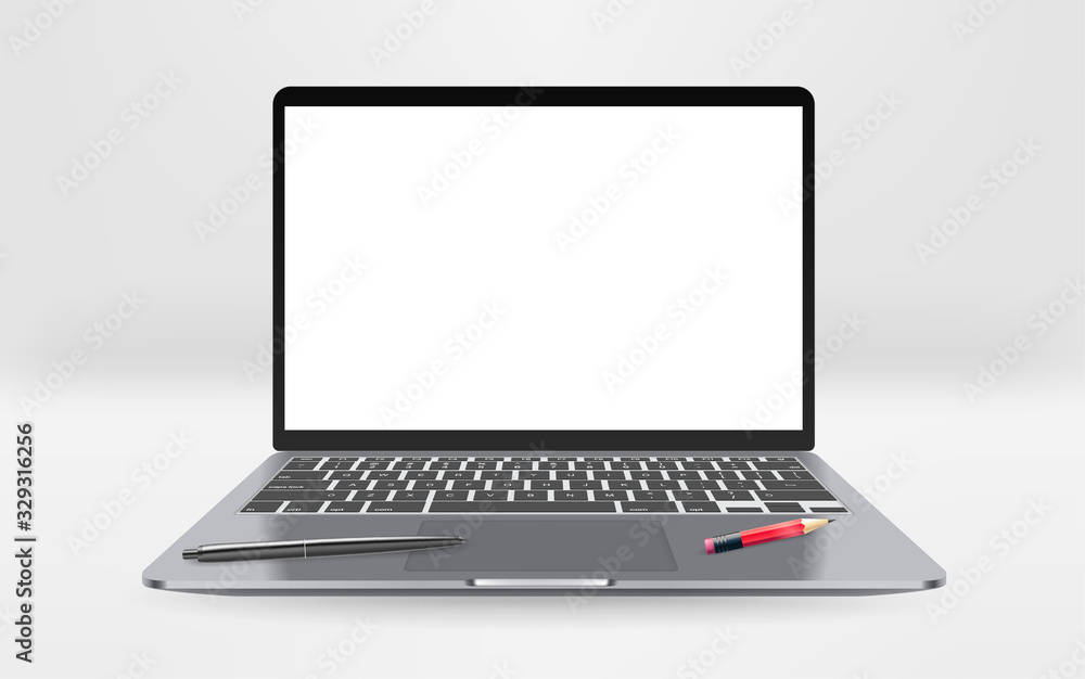 Poster modern laptop with empty screen with pen and pencil