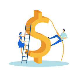 Business Man and Woman Climbing Dollar Sign Using Ladder or Rope Flat Cartoon Vector Illustration. Challanges in Businees, Overcoming Problems, Earning Money. Money Growth and Achieving Success.
