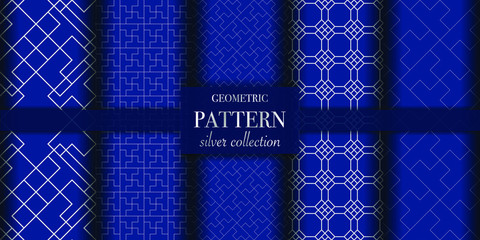 Set of 5 silver luxury geometric pattern background texture. Abstract line, dot retro style vector illustration for wallpaper, flyer, cover, design template. Repeat circle ornament, backdrop element