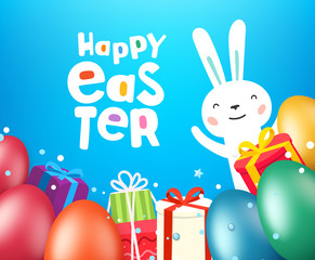 Happy Easter greeting card template with eggs and cute rabbit
