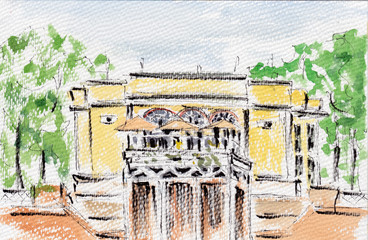Building front view. Hand drawn sketch illustration. Watercolour painting.