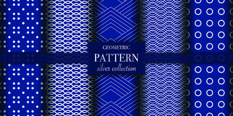 Set of 5 silver luxury geometric pattern background texture. Abstract line, dot retro style vector illustration for wallpaper, flyer, cover, design template. Repeat circle ornament, backdrop element
