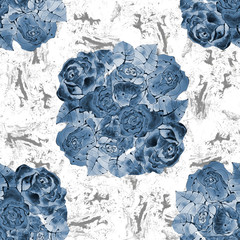 White marble background with roses. Floral seamless pattern.