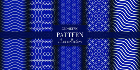 Set of 5 silver luxury geometric pattern background texture. Abstract line, dot retro style vector illustration for wallpaper, flyer, cover, design template. Repeat circle ornament, backdrop element