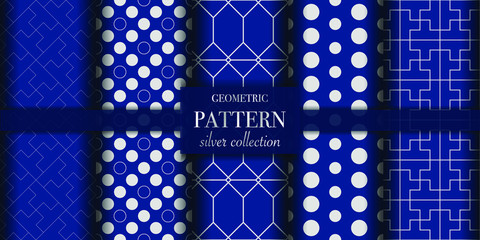 Set of 5 silver luxury geometric pattern background texture. Abstract line, dot retro style vector illustration for wallpaper, flyer, cover, design template. Repeat circle ornament, backdrop element