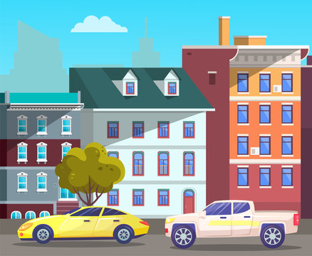 Modern city street with cars riding along houses and estates of citizens. Cityscape with vehicles passing architectural sights. Traveling on vacation, trip to new place. Vector in flat style © robu_s