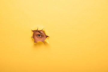 cropped view of man looking in yellow paper hole