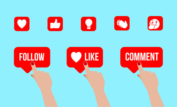 Illustration of a pressing index vinger om a button with a heart en like sign