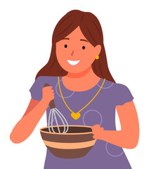 Woman stand and cook in kitchen. Housewife whips ingredients for meal in bowl. Lady blend products by whisk in hands. Person isolated with kitchenware. Vector illustration of cooking process in flat