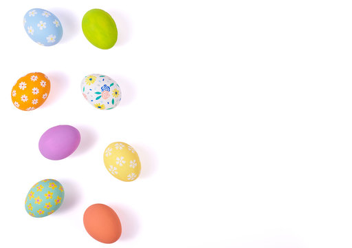 Top View. Creative layout  Easter paint colorful  Eggs various pattern handmade on isolated white background.copy space.