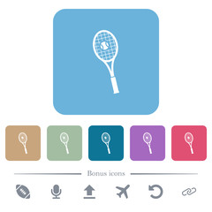 Tennis racket with ball flat icons on color rounded square backgrounds