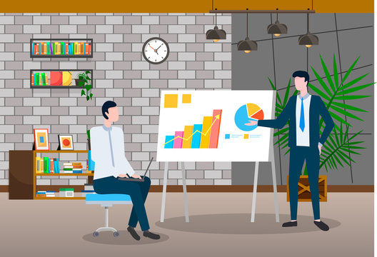 Worker Tell And Show Financial Report To Manager, Appointment About Company Analytics. Data Diagram On Board In Office Room. Interior With Plant And Bookshelf. Vector Illustration Of Business Meeting