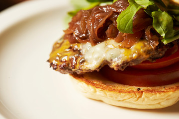 Beef and cheese hamburger with caramelized onion 