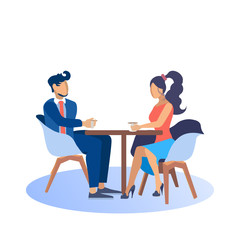 Man and Woman With Cups in Hands Sit at Table on White Background. Coworking Center. Vector Illustration. Workflow in Office. Business Meeting. Coffee Break. People in Business Clothes.