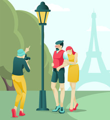 Photographer Shooting Man and Woman Couple in Love front of Eifel Tower in Paris. Green Park, Lantern and Cartoon People Characters. Adventure, Travel, Family Photo. Vector Flat Illustration