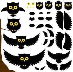 set of black owls. wings and tails. mini owl.