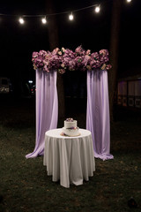 wedding cake with decor on near the wedding arch