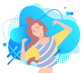 Smiling woman with rising hands, happy female winking, person on blue liquid shape. Girl poses, laughing person, pretty lady in casual clothes, brunette vector