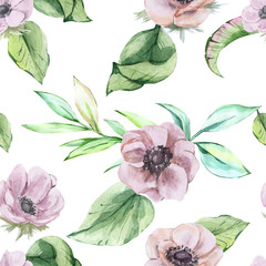 watercolor patterns of anemone flowers seamless on a white background. print for printing fabrics delicate anemones and green sheets