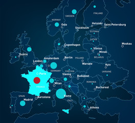 Coronavirus map. France quarantine.  Vector scheme, diagram, infographics of spread virus from Hainan to Europe. French coronа virus. Statistics of patients with coronavirus.
