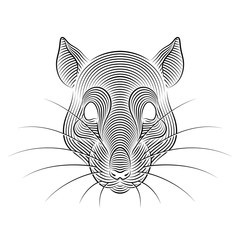 Engraving of stylized rat portrait on white background. Line art. Stencil art. Metal rat.