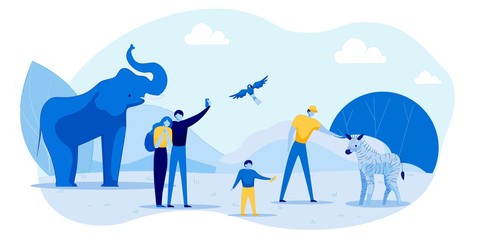 Adult Young People Visitors at Safari Park Zoo. Family Taking Selfie on Phone with Elephant. Father and Son Touching and Feeding Zebra. Parrot Flying in Sky. Exciting Trip. Vector Flat Illustration