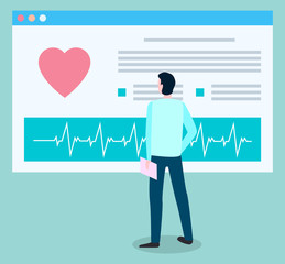 Patient standing near diagnosis on board. Cardiogram with heart beat on screen. Man explore electrocardiogram and prescription in his medical card. Vector illustration of clinic in flat style