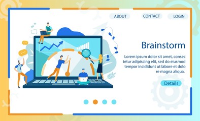 Obraz na płótnie Canvas Bright Banner Brainstorm Lettering Cartoon Flat. Flyer Developing an Action Plan that Includes Goals and Objectives. Poster Team Work on Background Large Laptop. Vector Illustration.