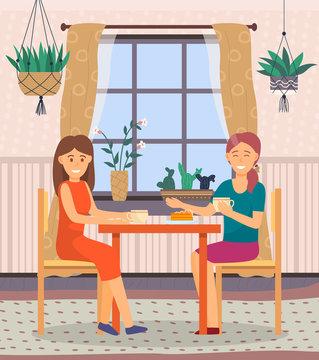 Female friends spending time together at home. Intimate talk with gossips and secrets between two women. People drink coffee and eat cake during conversation. Vector illustration in flat style