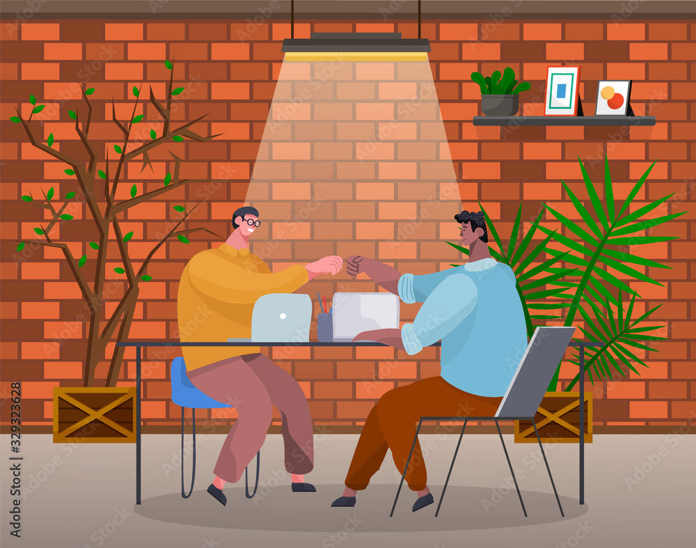 Poster people working in office on project achieving results. successful team of programmers or designers. 