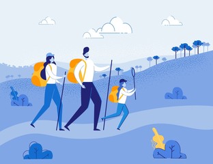 Active Family Travel Together. Father, Mother and Daughter Tourists Hiking, Walking Outdoor at Vacation Time on forest Landscape Background. Leisure and Recreation. Flat Vector Illustration.