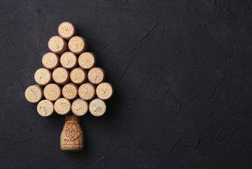 Christmas tree lined with wine corks on a beautiful black background