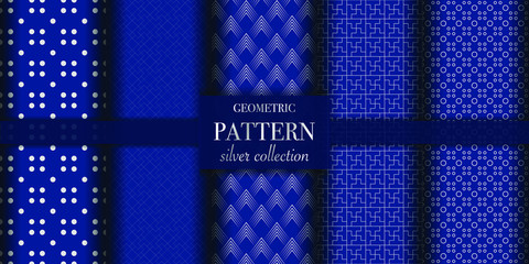 Set of 5 dark blue and silver luxury geometric pattern background. Abstract line, dot retro style vector illustration for wallpaper, flyer, cover, design template. minimalistic ornament, backdrop.