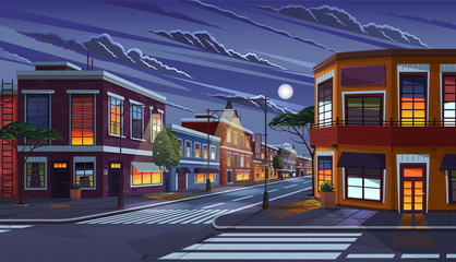 Street of town at night. Cityscape with old apartment houses and light in windows. Cartoon vector illustration of historic urban area. City street with vintage houses building. Old urban landscape © robu_s