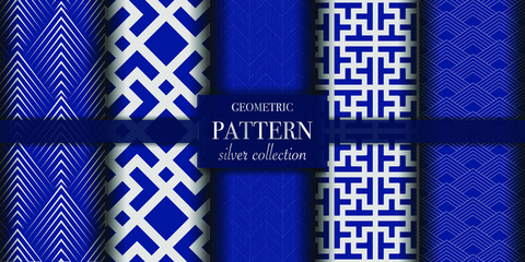 Set of 5 dark blue and silver luxury geometric pattern background. Abstract line, dot retro style vector illustration for wallpaper, flyer, cover, design template. minimalistic ornament, backdrop.
