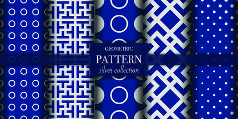 Set of 5 dark blue and silver luxury geometric pattern background. Abstract line, dot retro style vector illustration for wallpaper, flyer, cover, design template. minimalistic ornament, backdrop.