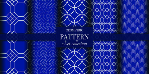 Set of 5 dark blue and silver luxury geometric pattern background. Abstract line, dot retro style vector illustration for wallpaper, flyer, cover, design template. minimalistic ornament, backdrop.