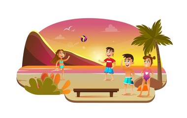 Girl and Boy Playing Beach Volleyball near Sea Flat Cartoon Vector Illustration. Summer Ball Game. Kids Cheer Players. Active and Healthy Lifestyle. Sunset near Ocean and Palm Trees.