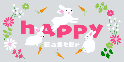 Easter bunny banner with flowers background, cute colorful greeting card