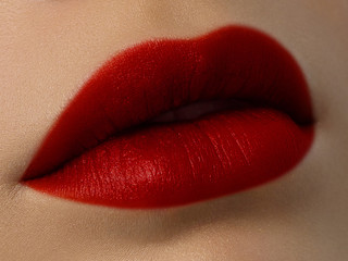 Closeup plump Lips. Lip Care, Augmentation, Fillers. Macro photo with Face detail. Natural shape...