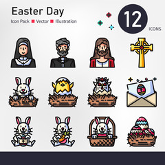 Easter day icon set, vector and illustration color outline
