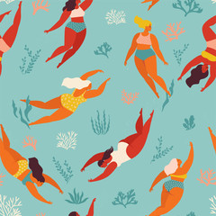 Cute decorative background with swimming women and girl in the sea or ocean. Vector seamless pattern. Underwater artwork design. Swim and dive in sea.