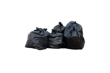 Close up five plastic bags of garbage of trash waste, black garbage bag isolated on white background.