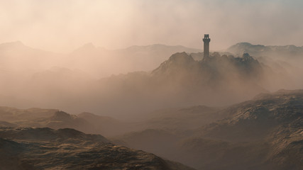Bell tower in misty mountainous landscape. Computer generated image.