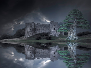 Ghostly castle with threatening sky and majestic tree and bat mirroring the water