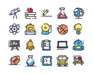 School science and education icon set. filled line style. vector illustration design.