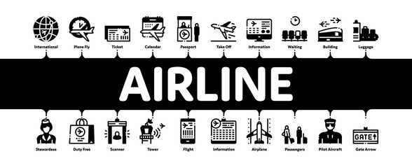Airline And Airport Minimal Infographic Web Banner Vector. Airline Worldwide Direction And Ticket, Pilot And Stewardess, Airplane And Calendar Illustrations