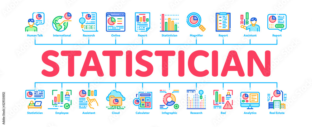 Poster statistician assistant minimal infographic web banner vector. statistician research and document fil